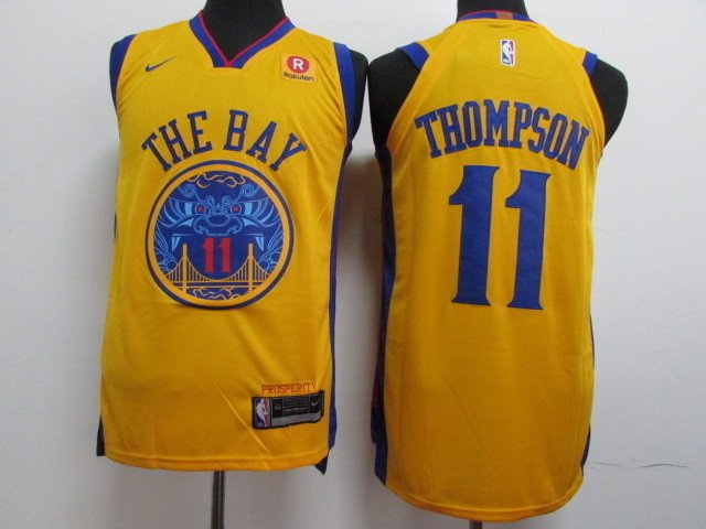 MENS   Golden State Warriors Thompson 11 The Bay embroidery yellow basketball jersey