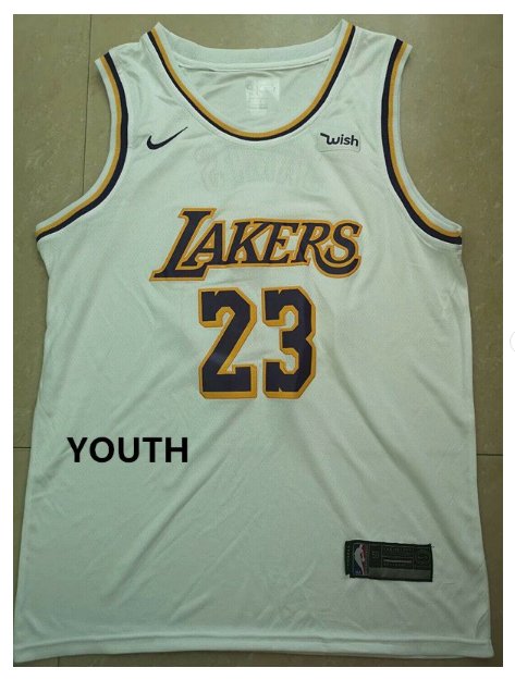 Youth Lakers #23 LeBron James White Jersey Circular collar 2018-19