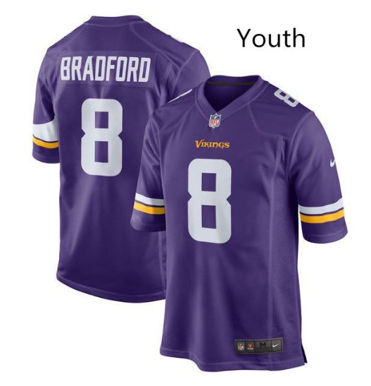 Youth Kids Vikings #8 Sam Bradford game jersey navy purle