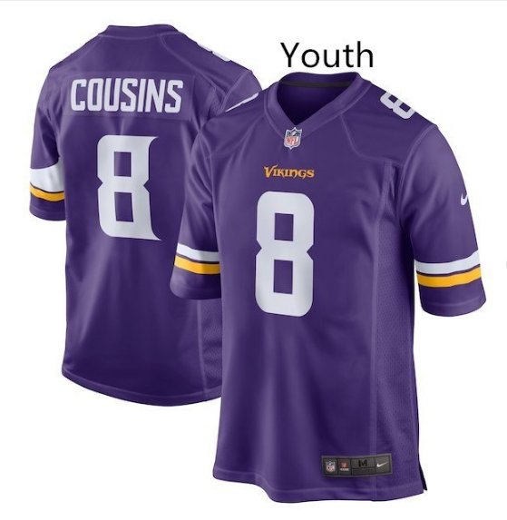 Youth kid Vikings #8 Kirk Cousins game jersey purple