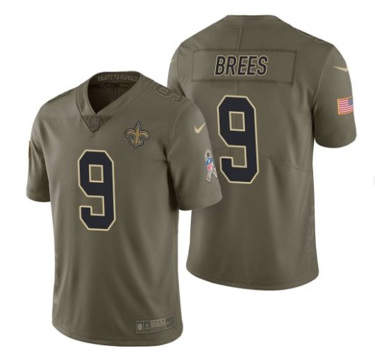 Men's New Orleans Saints #9 Drew Brees salute to service limited jersey olive