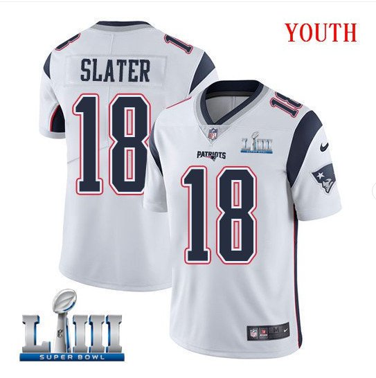 Patriots #18 Matthew Slater Youth Road White Stitched Jersey Super Bowl LIII