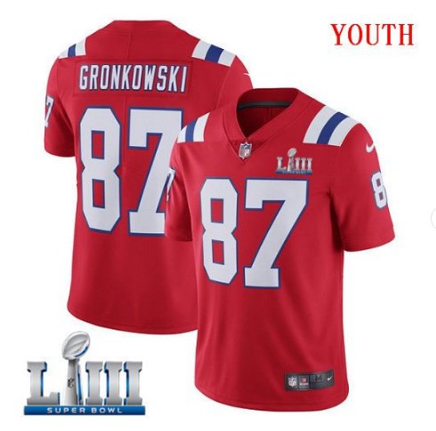 Patriots #87 Rob Gronkowski Youth Alternate Red Stitched Jersey Super Bowl LIII