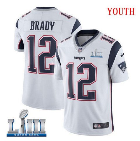 Patriots #12 Tom Brady Youth Road White Stitched Jersey Super Bowl LIII