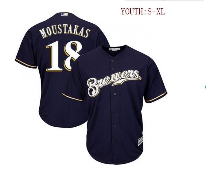 Youth kid Brewers 18 Mike Moustakas cool Base jersey navy blue