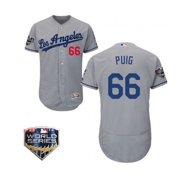 Men's Los Angeles Dodgers #66 Yasiel Puig 2018 World Series Grey