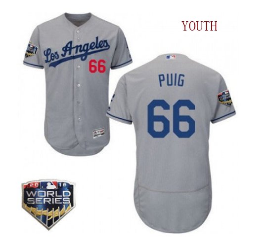 Youth Los Angeles Dodgers #66 Yasiel Puig 2019 World Series Grey
