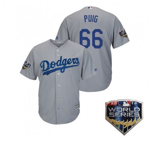 Men World Series Los Angeles Dodgers #66 Yasiel Puig 2019 Jersey Grey