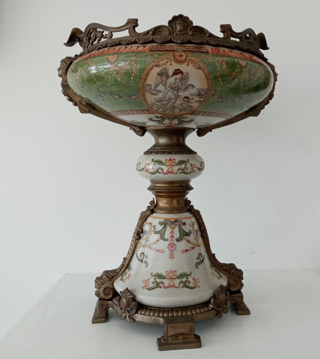 Large Green Hand Painted Porcelain Vase Urn Bronze Mounted Querubns.
