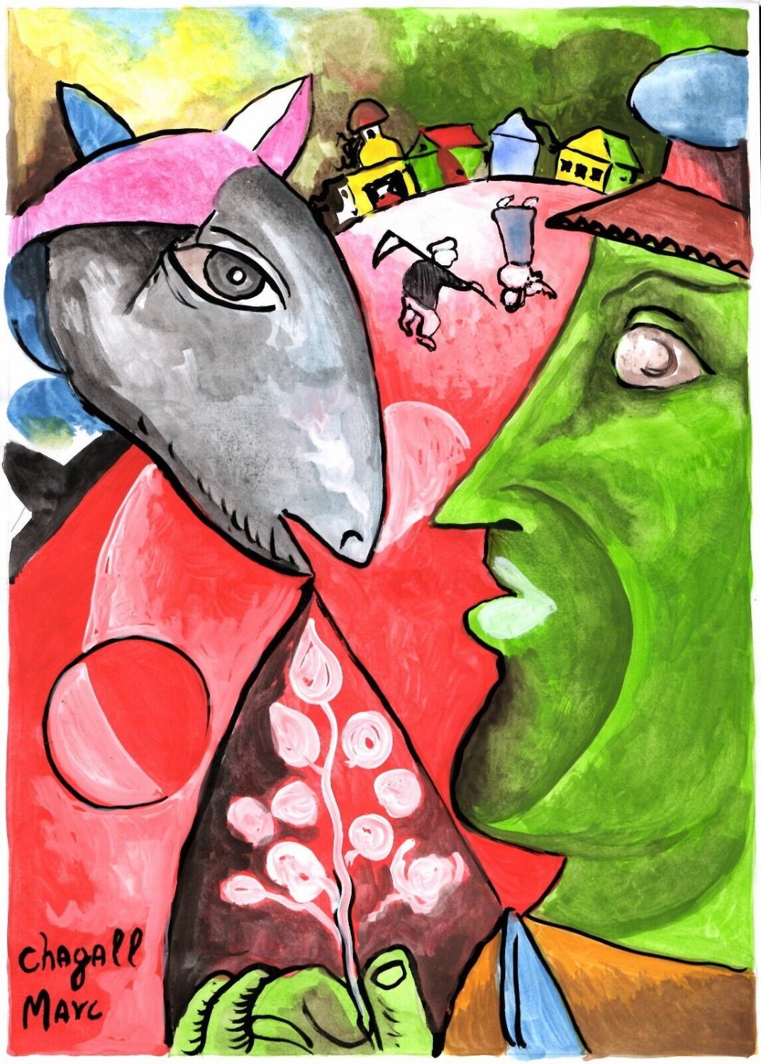 Signed Marc Chagall Painting Mixed Media on Paper. Museum Stamp