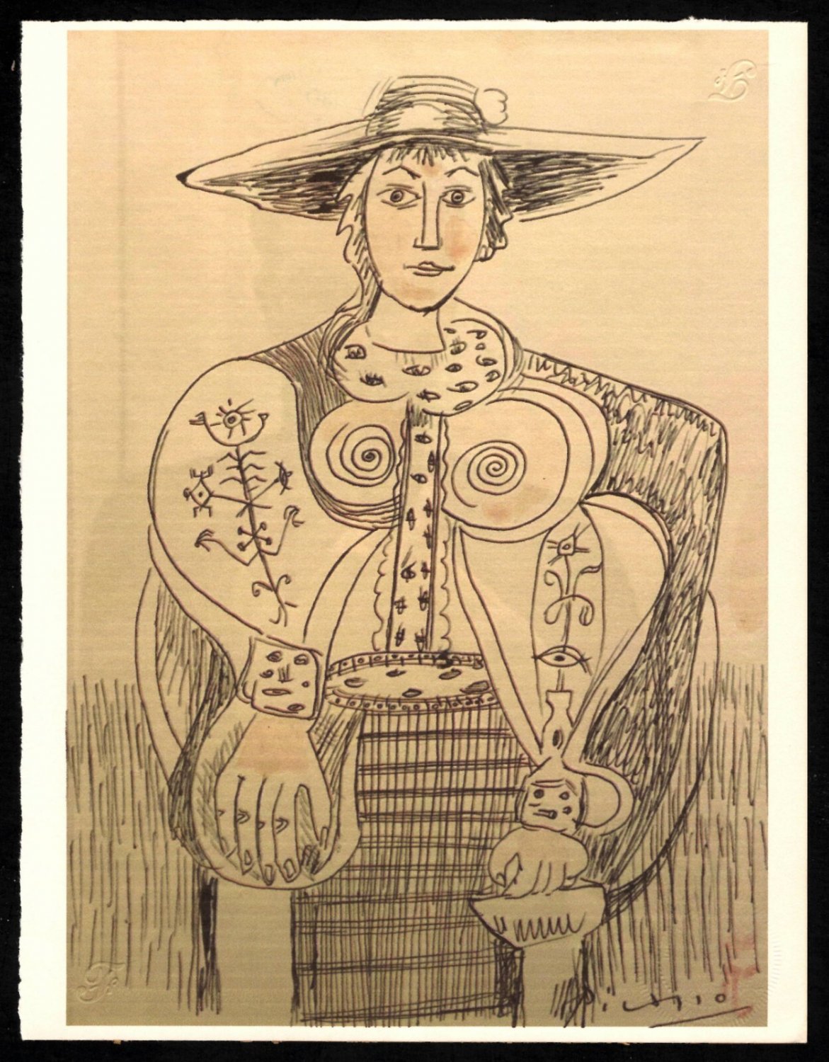 Rare Pablo Picasso Fine Art drawing/print Ink on Paper.Embossed Stamp