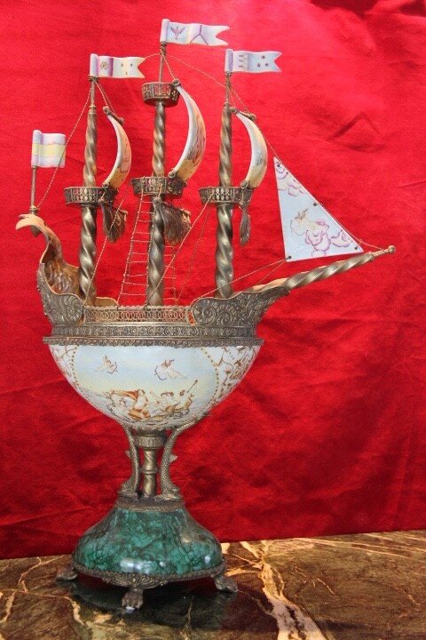 Hand Painting Porcelain and Bronze Mounted Nef/Ship.