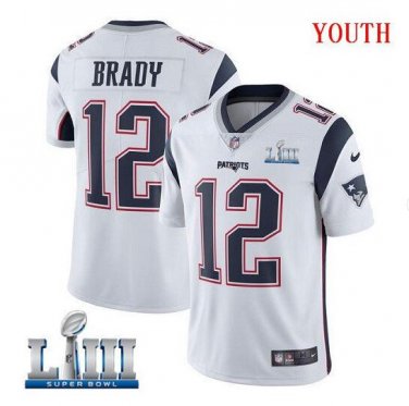 Tom Brady #12 New England Patriots 2019 Super Bowl LIII Limited Player Jersey Youth White Size XL