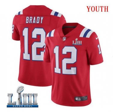 Tom Brady #12 New England Patriots 2019 Super Bowl LIII Limited Player Jersey Youth Red Size M