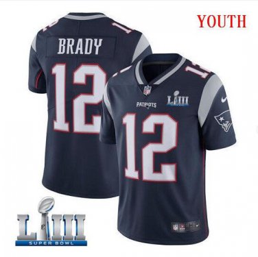 Tom Brady #12 New England Patriots 2019 Super Bowl LIII Limited Player Jersey Youth Navy Size M
