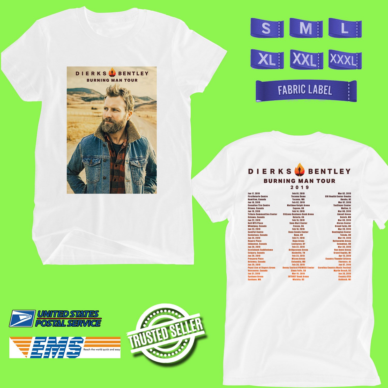 CONCERT 2019 DIERKS BENTLEY BURNING MAN TOUR WHITE TEE DATES CODE EP01