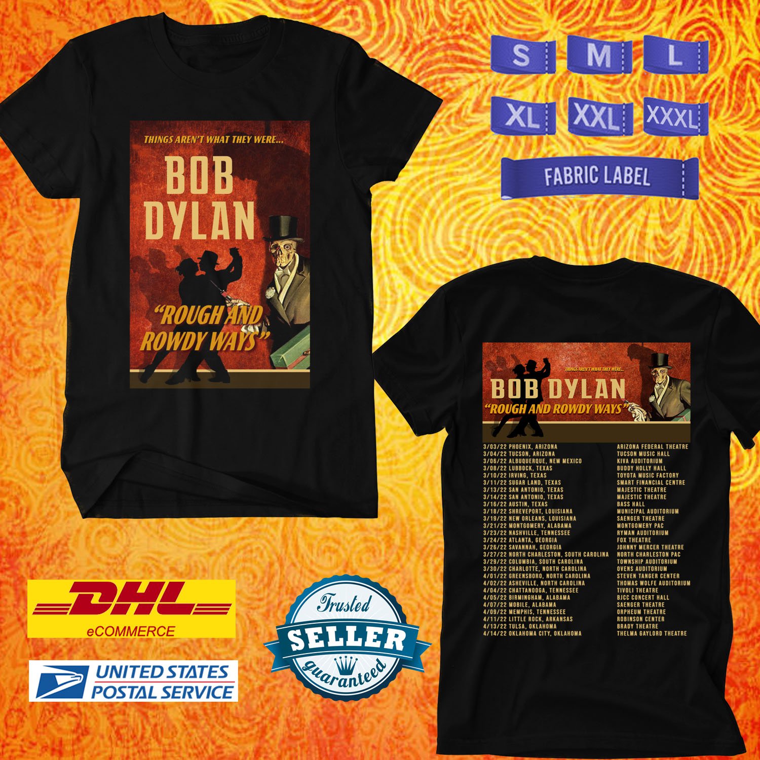 TOUR 2022 BOB DYLAN ROUGH AND ROWDY WAYS TOUR BLACK TEE SHIRT WITH ...