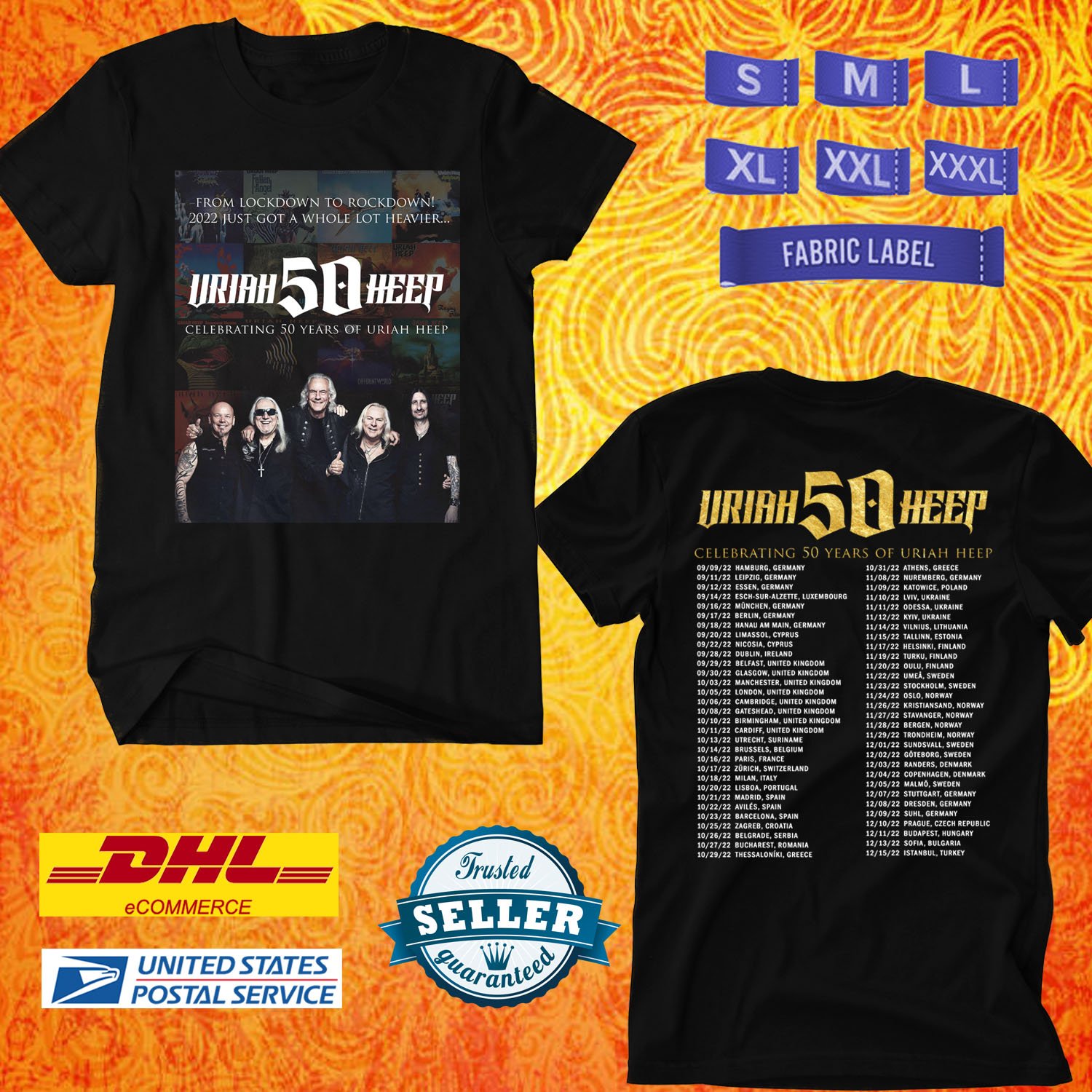 TOUR 2022 URIAH HEEP 50TH ANNIVERSARY WORLD TOUR BLACK TEE SHIRT WITH ...
