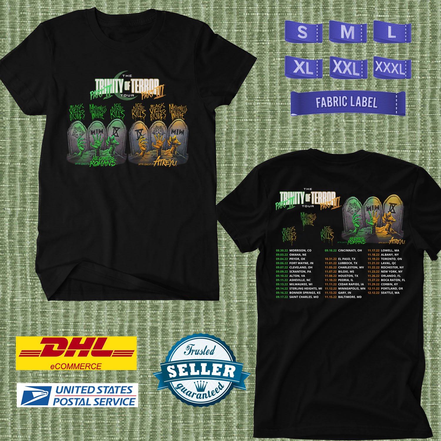 TOUR 2022 THE TRINITY OF TERROR PART 2 AND PART 3 TOUR BLACK TEE SHIRT TOUR 2022 THE TRINITY OF TERROR PART 2 AND PART 3 TOUR BLACK TEE SHIRT