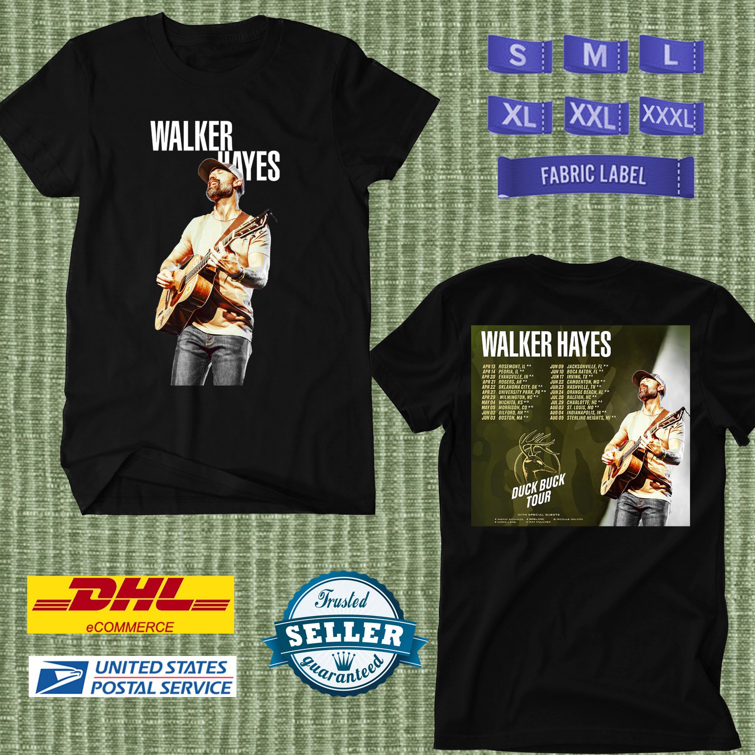 TOUR 2023 WALKER HAYES DUCK BUCK USA TOUR BLACK TEE SHIRT W DATE CODE EP02