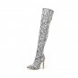 Snakeskin pattern pointed toe stiletto over-the-knee women's super high-heeled boots size 42