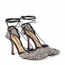 Rhinestone mesh high-heeled shoes Square Head thin heel strap large French sandals