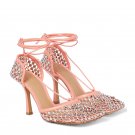 Rhinestone mesh high-heeled shoes Square Head thin heel strap large French sandals