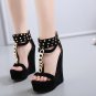Roman style metal chain bar code suede high-heel wedge shoes