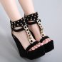 Roman style metal chain bar code suede high-heel wedge shoes