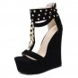 Roman style metal chain bar code suede high-heel wedge shoes