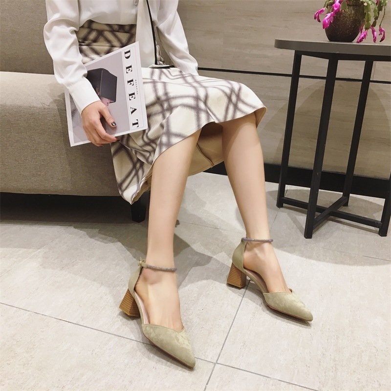 Women's thick high heels crystal buckle hollow shoes