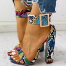 Fashion Snake Print Buckle Strap Round Toe High Heel Hollow Women's Sandals