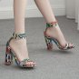 Fashion Snake Print Buckle Strap Round Toe High Heel Hollow Women's Sandals