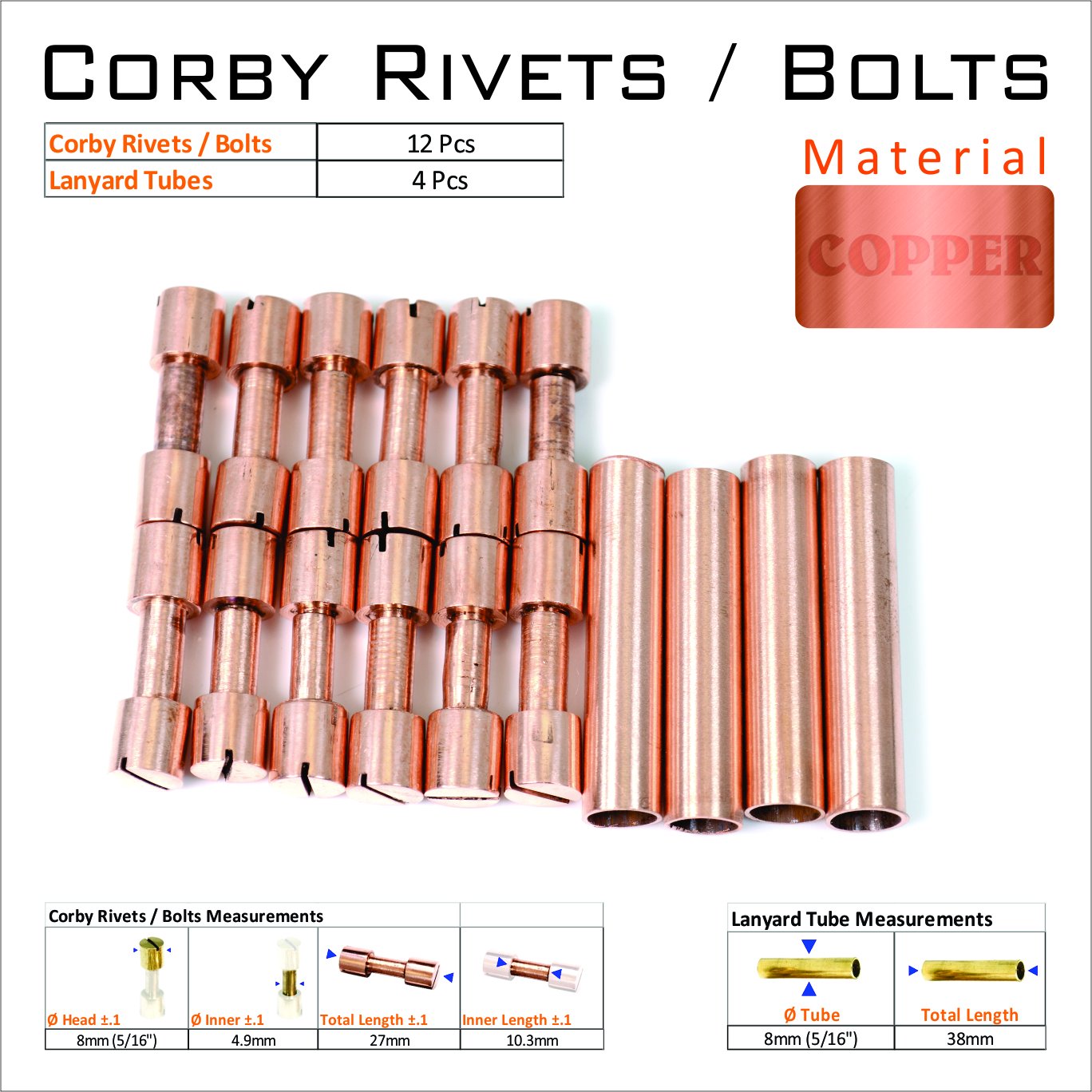 12 Copper Corby Rivets 4 Copper lanyard Tubes For Knifemaking Supplies Knife Mounting Hardware