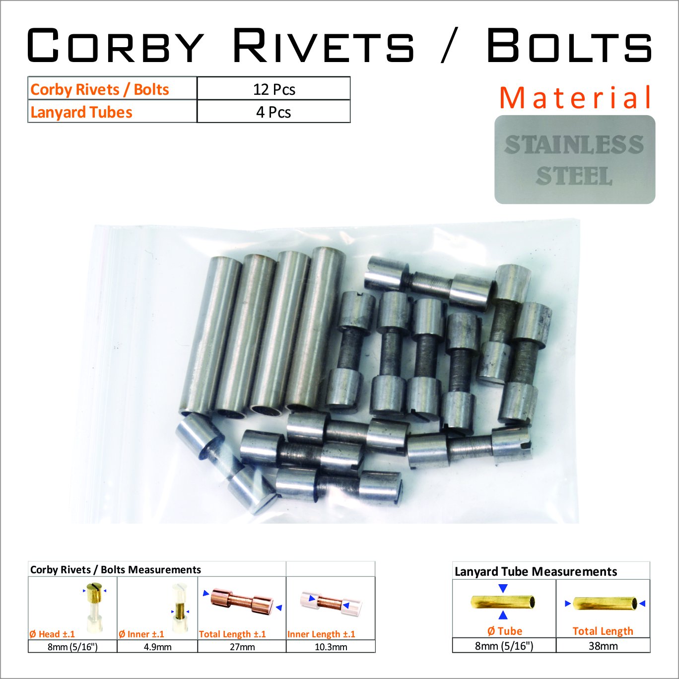 Knife Mounting Hardware Corby Rivets 12 Steel 5/16 Rivets 4 Lanyard Tube Knife Making Supply
