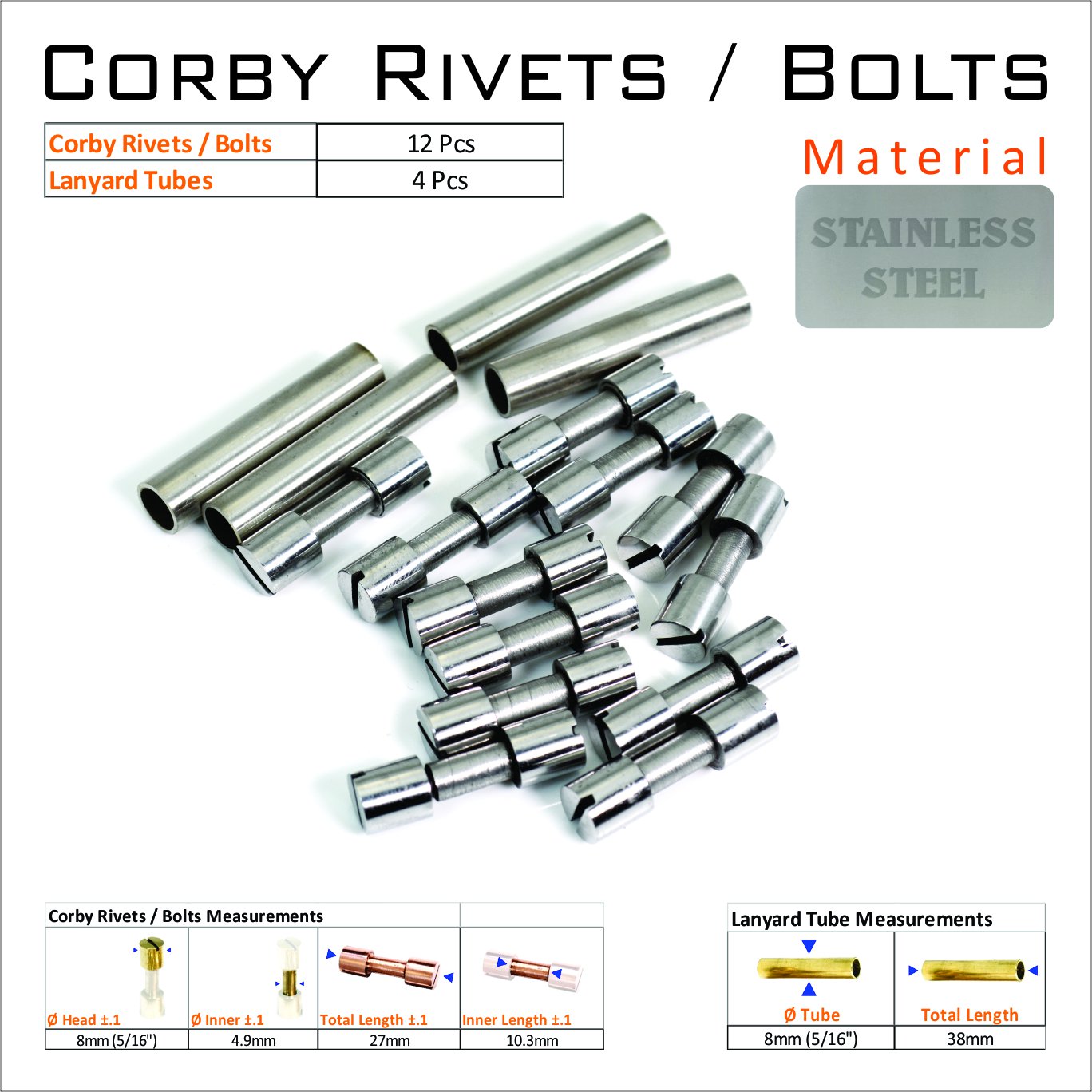 Knife Mounting Hardware Corby Rivets 12 Steel 5/16 Rivets 4 Lanyard