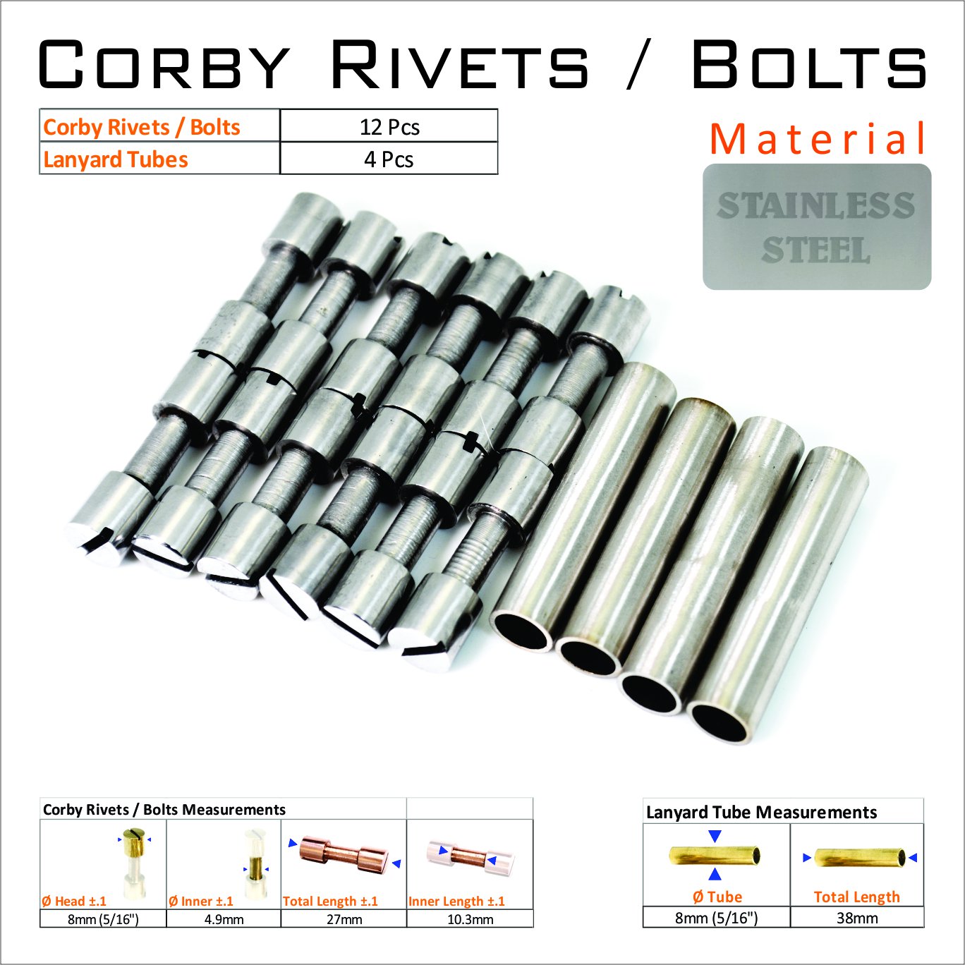 Knife Mounting Hardware Corby Rivets 12 Steel 5/16 Rivets 4 Lanyard