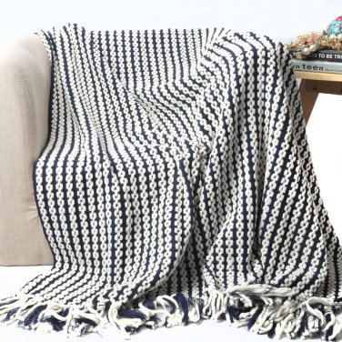 Battilo Navy and White Chain Link Knit Fashion Throw Blanket. 60" x 50"