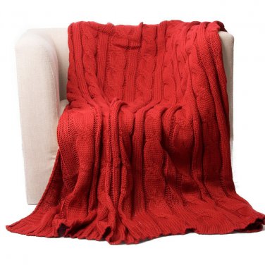 Battilo [Red]Soft Knitted Dual Cable Throw Blanket, 50" W x 60" L