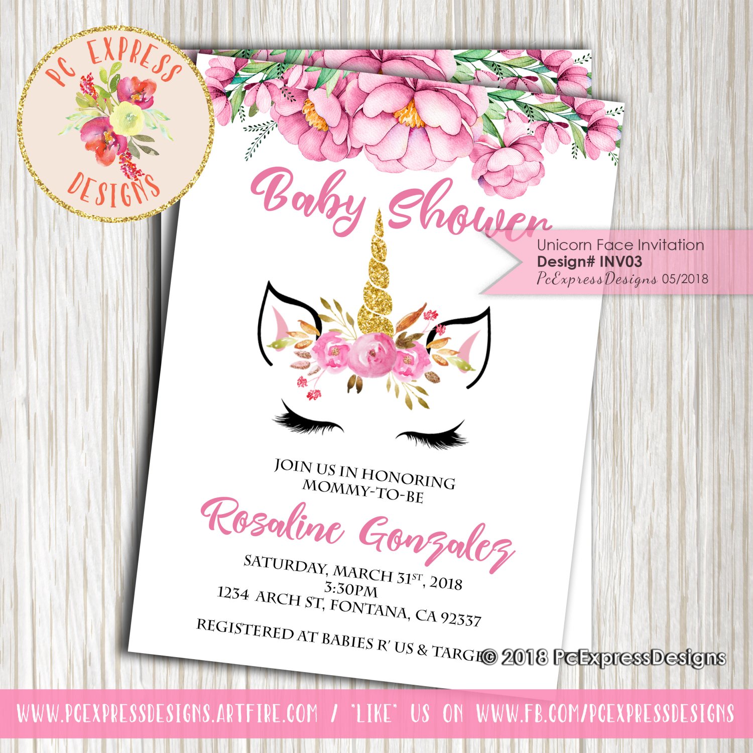 Unicorn Face Baby Shower Invitation - INV03