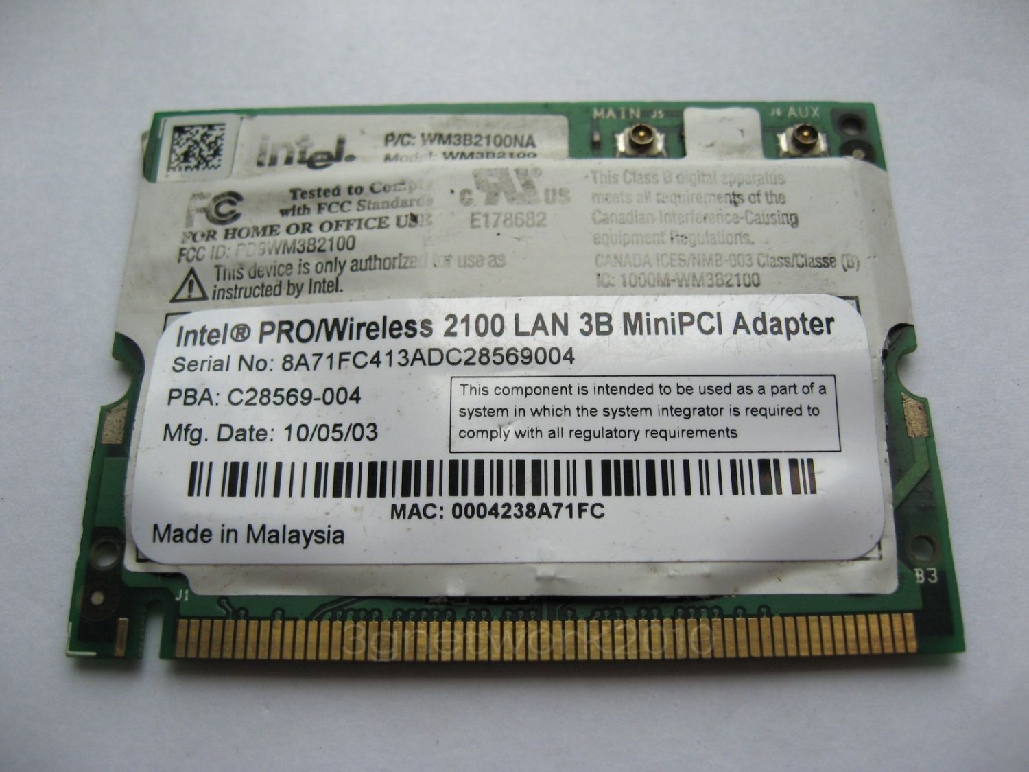 Intel Pro Wireless 802.11b WM3B2100 11Mbps MiniPCI Network Adapter