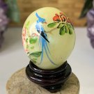 Vintage Hand Painted Green Jade Stone Egg with Flowers Blue Bird Wood Stand 1.5"