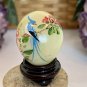Vintage Hand Painted Green Jade Stone Egg with Flowers Blue Bird Wood Stand 1.5"