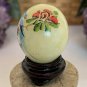 Vintage Hand Painted Green Jade Stone Egg with Flowers Blue Bird Wood Stand 1.5"