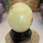 Vintage Hand Painted Green Jade Stone Egg with Flowers Blue Bird Wood Stand 1.5"