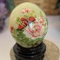 Vintage Hand Painted Green Jade Stone Egg with Flowers Blue Bird Wood Stand 1.5"