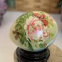 Vintage Hand Painted Green Jade Stone Egg with Flowers Blue Bird Wood Stand 1.5"
