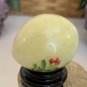Vintage Hand Painted Green Jade Stone Egg with Flowers Blue Bird Wood Stand 1.5"