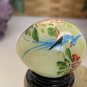 Vintage Hand Painted Green Jade Stone Egg with Flowers Blue Bird Wood Stand 1.5"