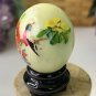 Vintage Hand Painted Green Jade Stone Egg with Red Flowers Bird Wood Stand 1.5"